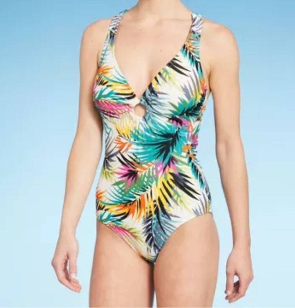 Women's Plunge Ring Detail One Piece Swimsuit Shade & Shore Tropical Print S NEW